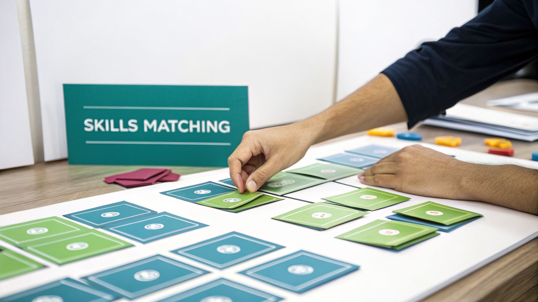 Hands matching green and blue skill cards on a table for volunteer skills matching