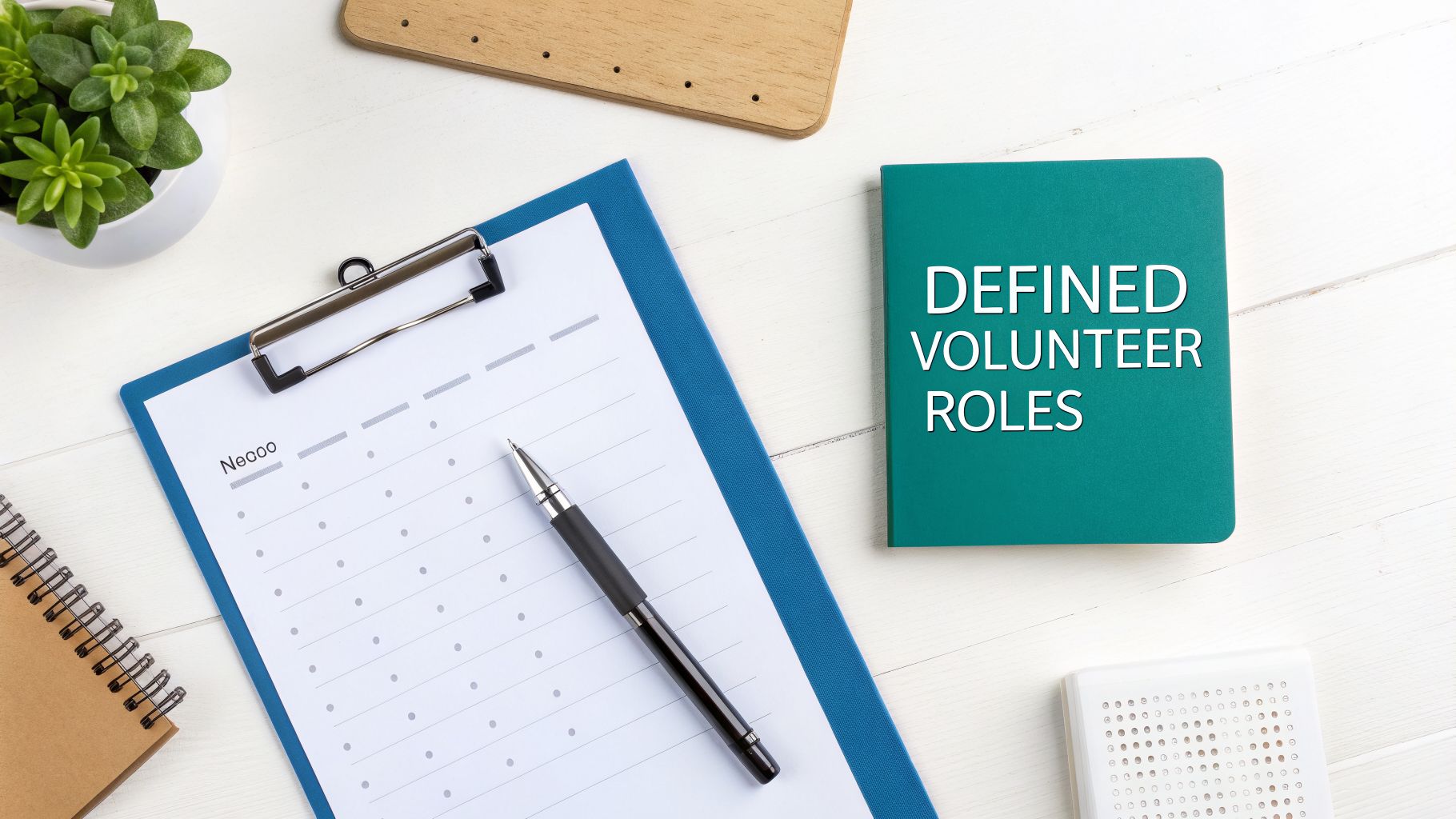 Nonprofit volunteer role descriptions displayed on a clipboard with a teal notebook on a white desk