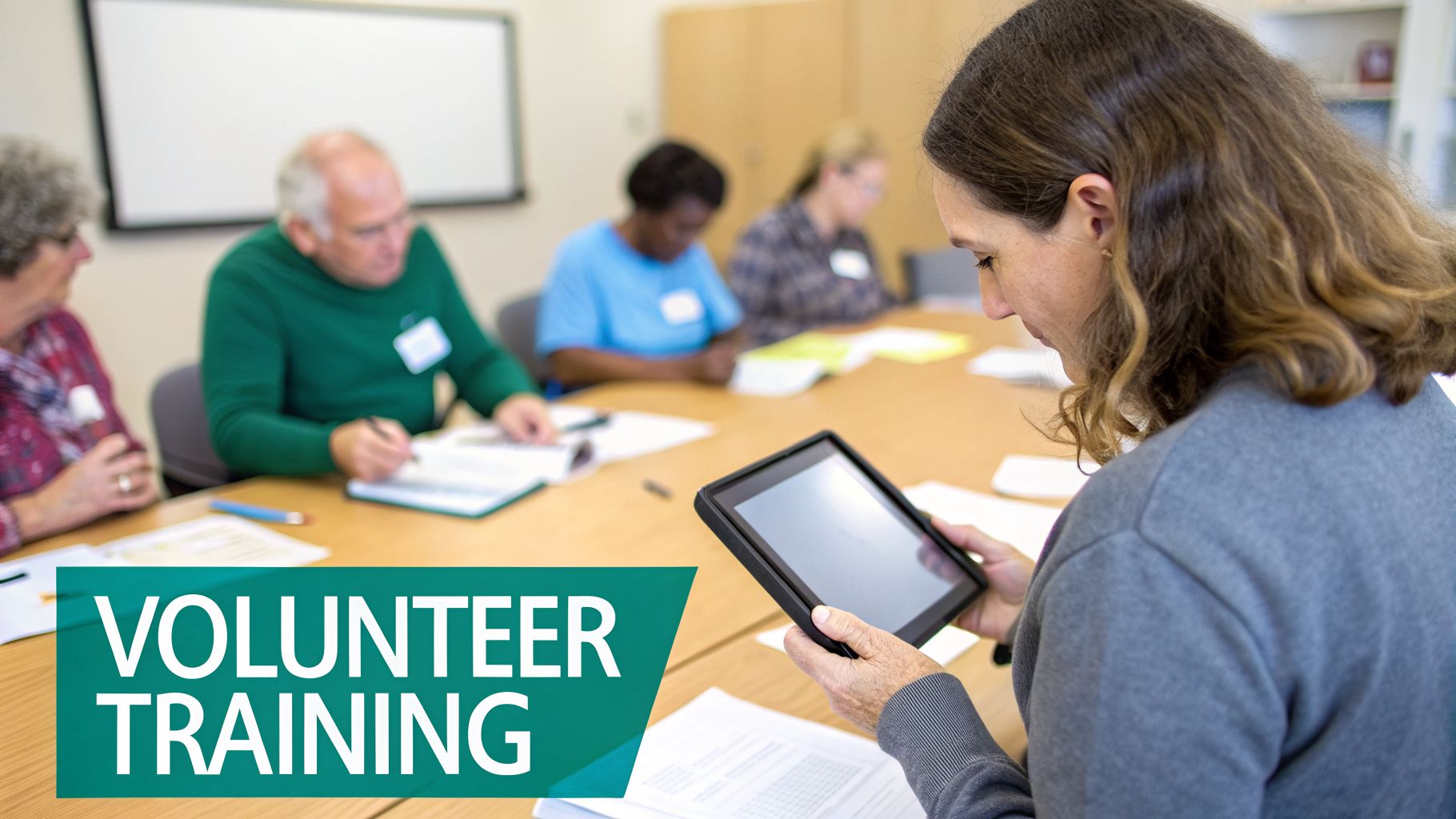 Diverse group of volunteers attending a training session with one woman using a tablet