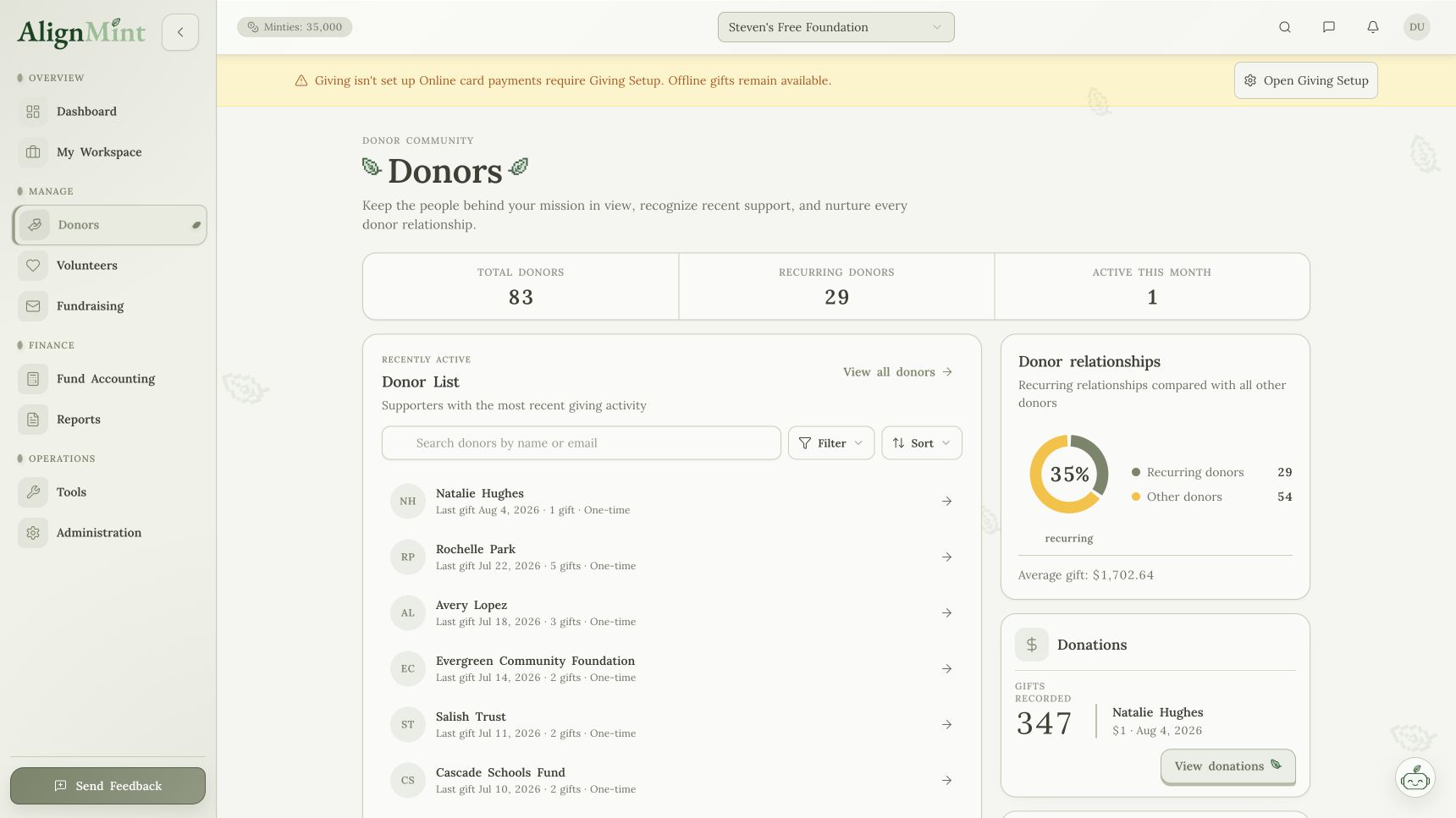 The real AlignMint donor management dashboard
